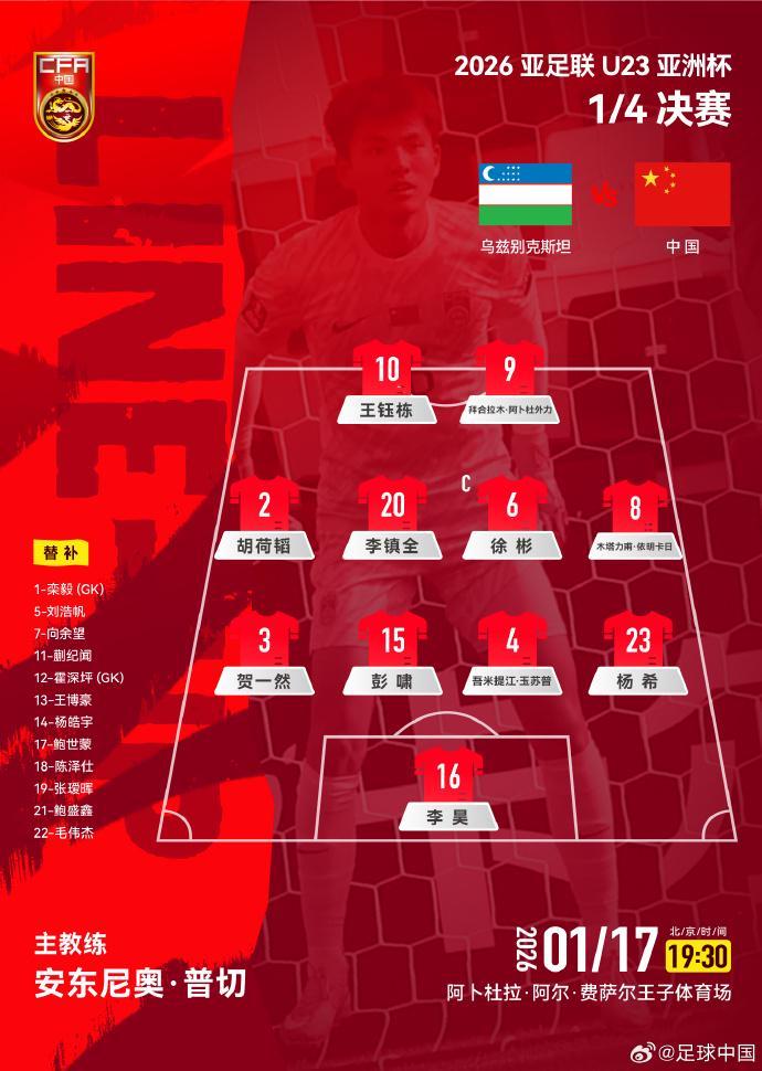 kaiyun-U23国足战乌兹别克斯坦官方阵型：4-4-2，胡荷韬位置灵活多变